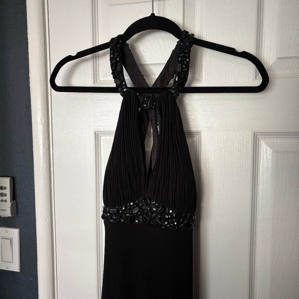 Black beaded floor length prom or party dress.